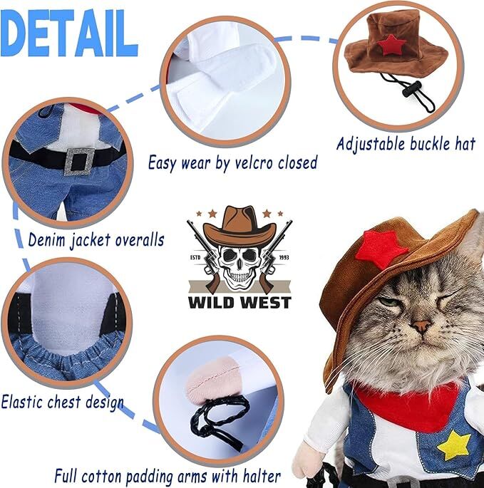 pet products Small Dog Cowboy Costume with Hat 2pcs Funny Halloween Chucky Costumes Cool West Cowboy Uniform Puppy Denim Overalls Western Cosplay Sheriff Outfits Cat Apparel 5