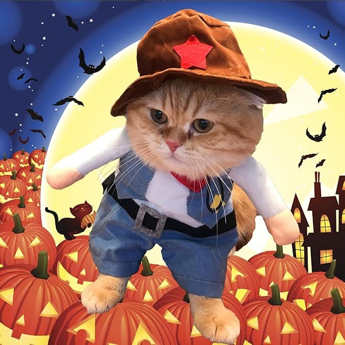 pet products Small Dog Cowboy Costume with Hat 2pcs Funny Halloween Chucky Costumes Cool West Cowboy Uniform Puppy Denim Overalls Western Cosplay Sheriff Outfits Cat Apparel 8