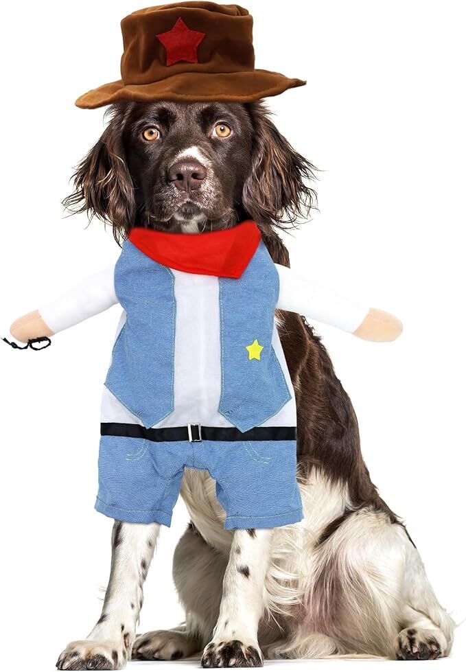 pet products Small Dog Cowboy Costume with Hat 2pcs Funny Halloween Chucky Costumes Cool West Cowboy Uniform Puppy Denim Overalls Western Cosplay Sheriff Outfits Cat Apparel 3