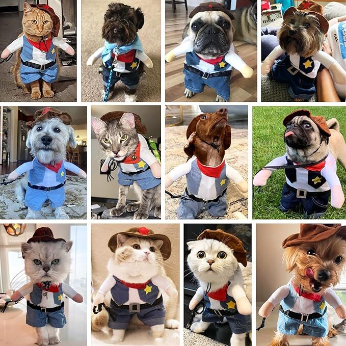 pet products Small Dog Cowboy Costume with Hat 2pcs Funny Halloween Chucky Costumes Cool West Cowboy Uniform Puppy Denim Overalls Western Cosplay Sheriff Outfits Cat Apparel 7