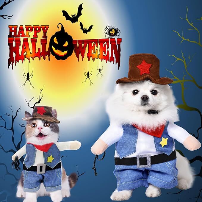pet products Small Dog Cowboy Costume with Hat 2pcs Funny Halloween Chucky Costumes Cool West Cowboy Uniform Puppy Denim Overalls Western Cosplay Sheriff Outfits Cat Apparel 4