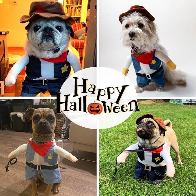 pet products Small Dog Cowboy Costume with Hat 2pcs Funny Halloween Chucky Costumes Cool West Cowboy Uniform Puppy Denim Overalls Western Cosplay Sheriff Outfits Cat Apparel 9