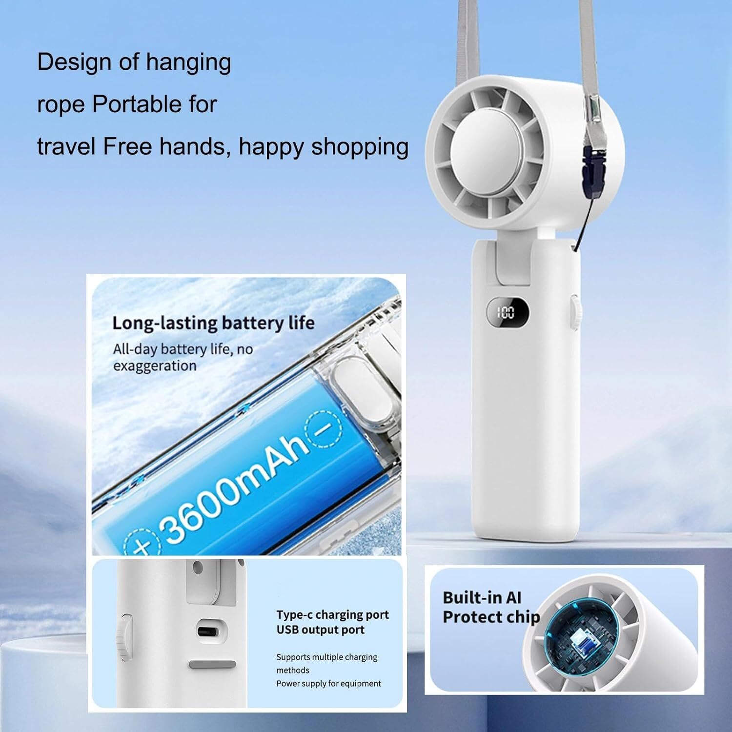 Portable Handheld Turbo Fan with Cooling Tech, Digital Display, 100-Speed Control, Rechargeable 4-in-1 Personal Fan for Travel, Outdoor, Office (White) 3