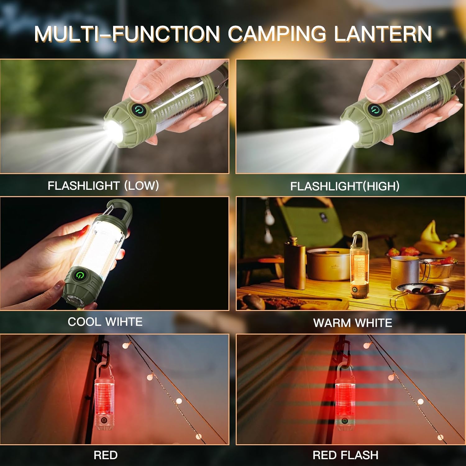 Rechargeable LED Camping Lantern Flashlight: 6 Modes, USB-C, Portable for Hiking, Emergency, Night Walking & Outdoor Adventures（green）