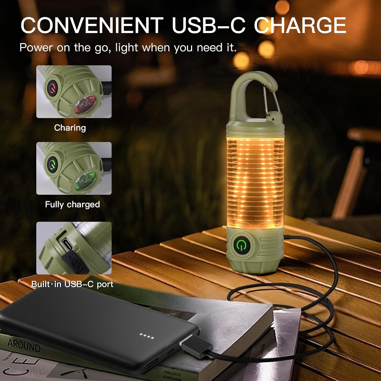 Rechargeable LED Camping Lantern Flashlight: 6 Modes, USB-C, Portable for Hiking, Emergency, Night Walking & Outdoor Adventures（green） 4