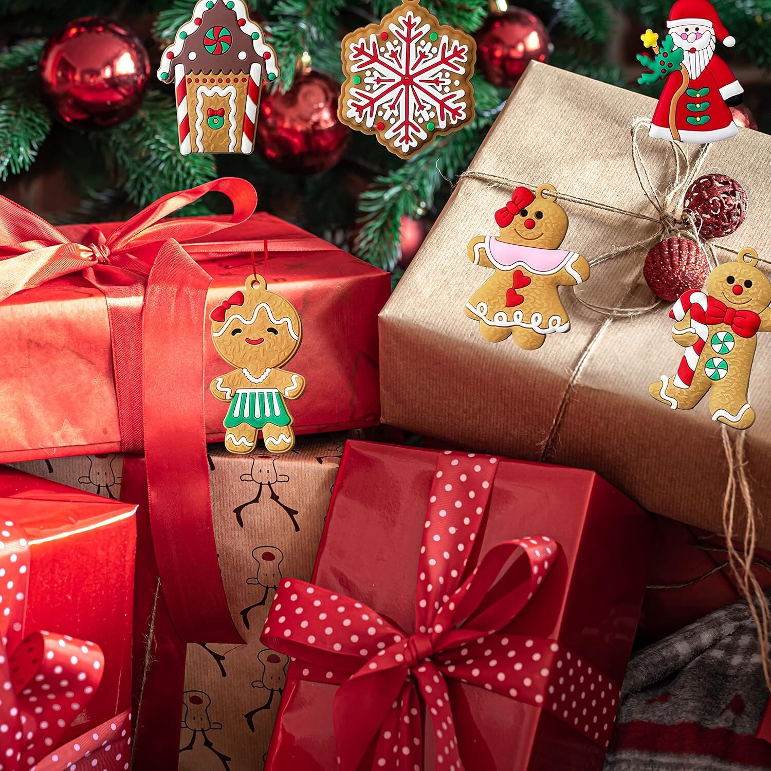 12pcs Christmas Ornaments Cute Snowman Xmas Tree Decorations Santa Claus Plastic Figurines Ornaments with Sugar Cookie House for Christmas Tree Hanging Party DIY Decor 3 Inch Tall 5