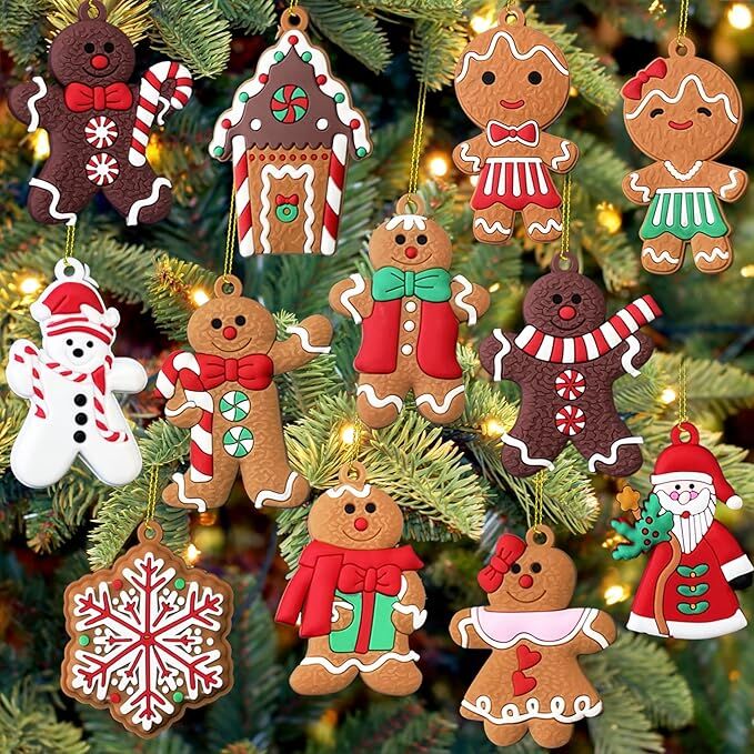 24pcs Christmas Ornaments Cute Snowman Xmas Tree Decorations Santa Claus Plastic Figurines Ornaments with Sugar Cookie House for Christmas Tree Hanging Party DIY Decor 3 Inch Tall 7