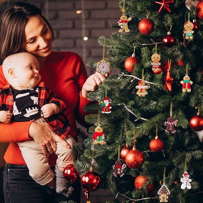 24pcs Christmas Ornaments Cute Snowman Xmas Tree Decorations Santa Claus Plastic Figurines Ornaments with Sugar Cookie House for Christmas Tree Hanging Party DIY Decor 3 Inch Tall 3