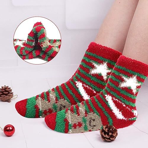 Christmas Socks - 6 Pairs Cozy Warm Fluffy Plush Bed Socks for Women, Girls - Cute Coral Fleece Xmas Indoor 3