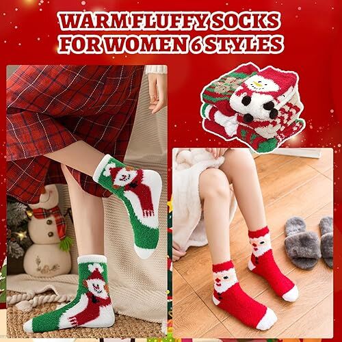 Christmas Socks - 6 Pairs Cozy Warm Fluffy Plush Bed Socks for Women, Girls - Cute Coral Fleece Xmas Indoor 4