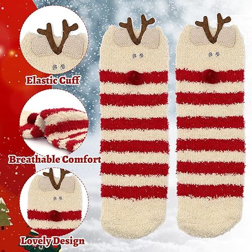Christmas Socks - 6 Pairs Cozy Warm Fluffy Plush Bed Socks for Women, Girls - Cute Coral Fleece Xmas Indoor 6