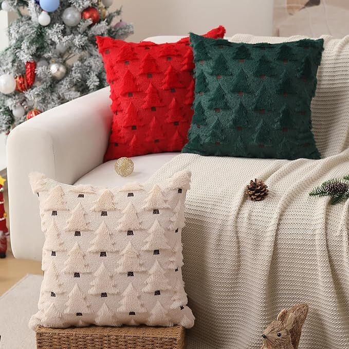 Christmas Pillow Covers 18x18 inch Set of 2 Black Christmas Decorations Soft Plush Faux Fur Wool Xmas Tree Throw Pillow Cases Winter Holiday Decor for Sofa Living Room 3