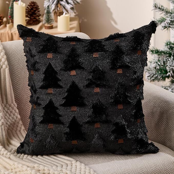 Christmas Pillow Covers 18x18 inch Set of 2 Black Christmas Decorations Soft Plush Faux Fur Wool Xmas Tree Throw Pillow Cases Winter Holiday Decor for Sofa Living Room 8