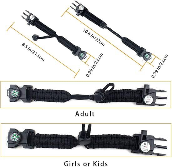 21 in 1 Survival Bracelet, Paracord Emergency Outdoor Sports Wristband Kit Waterproof Compass, SOS LED Light, Thermometer, Rescue Whistle, Fire Starter. Multi 21 Tools (Black 2 Pc) 4