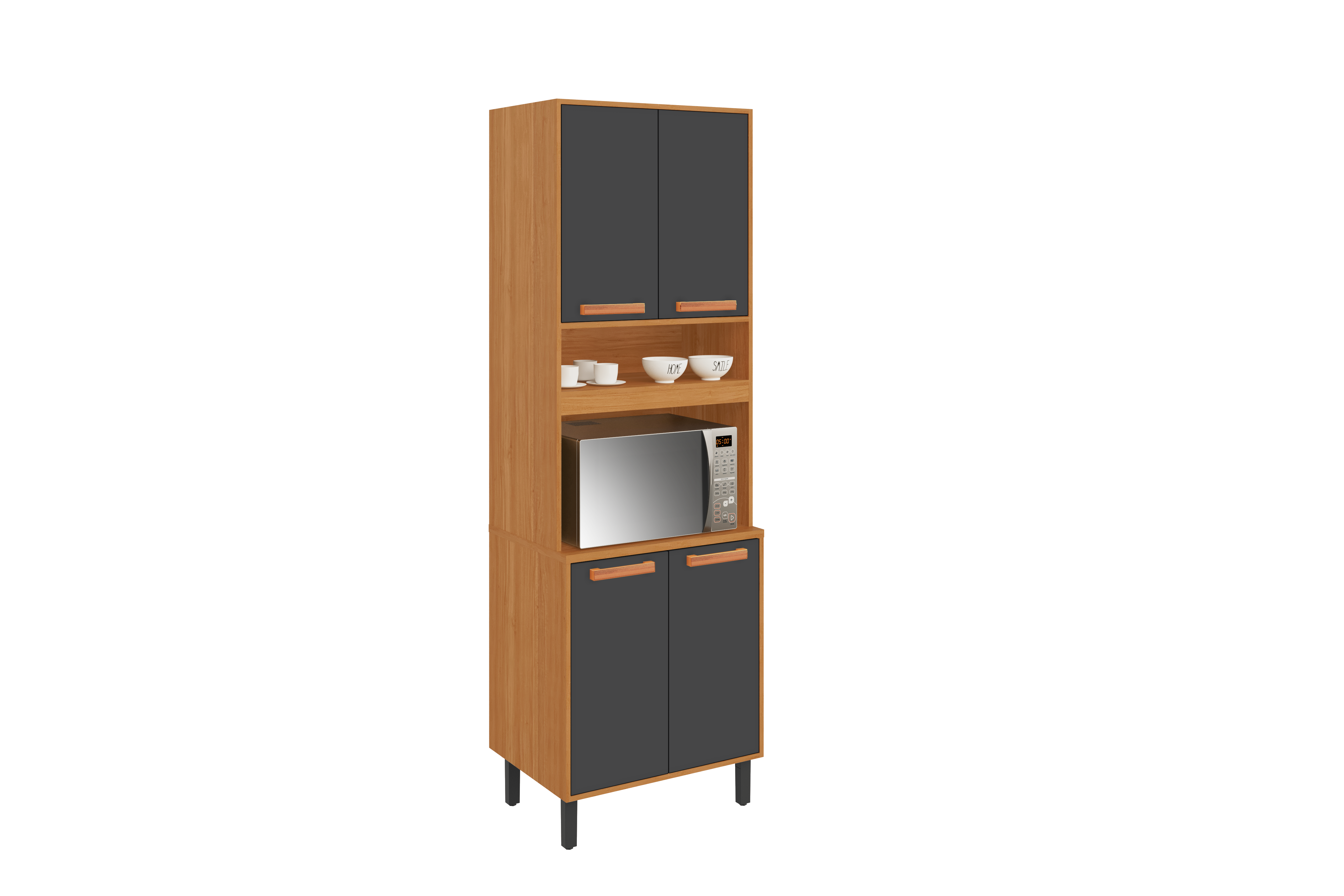 Flat Pack DIY Wooden Kitchen Cupboard/Pantry with 4 Doors + 6 Shelves in Graphite and Cinnamon Finish - Napoles