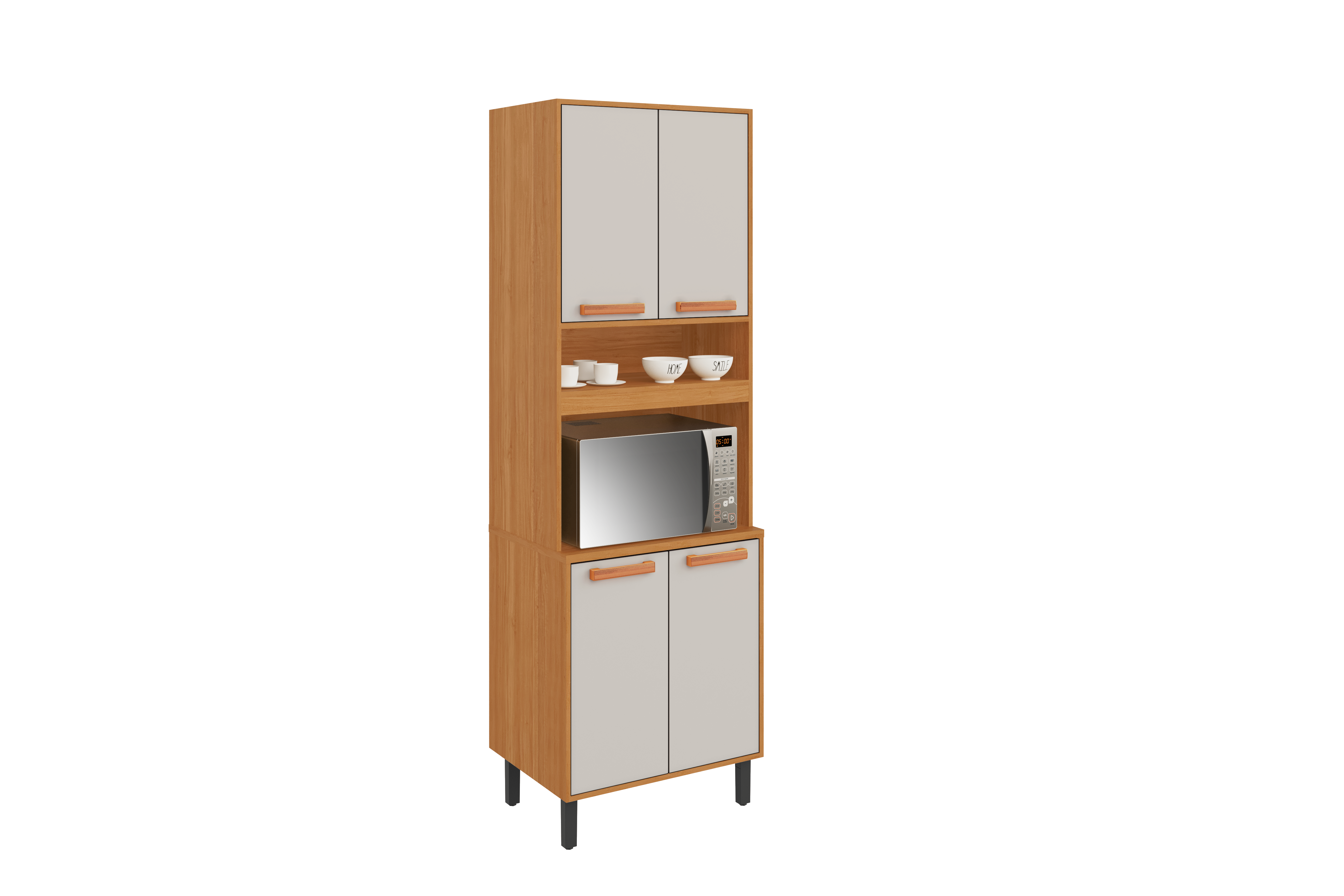 Flat Pack DIY Wooden Kitchen Cupboard/Pantry with 4 Doors + 6 Shelves in White and Cinnamon Finish - Napoles