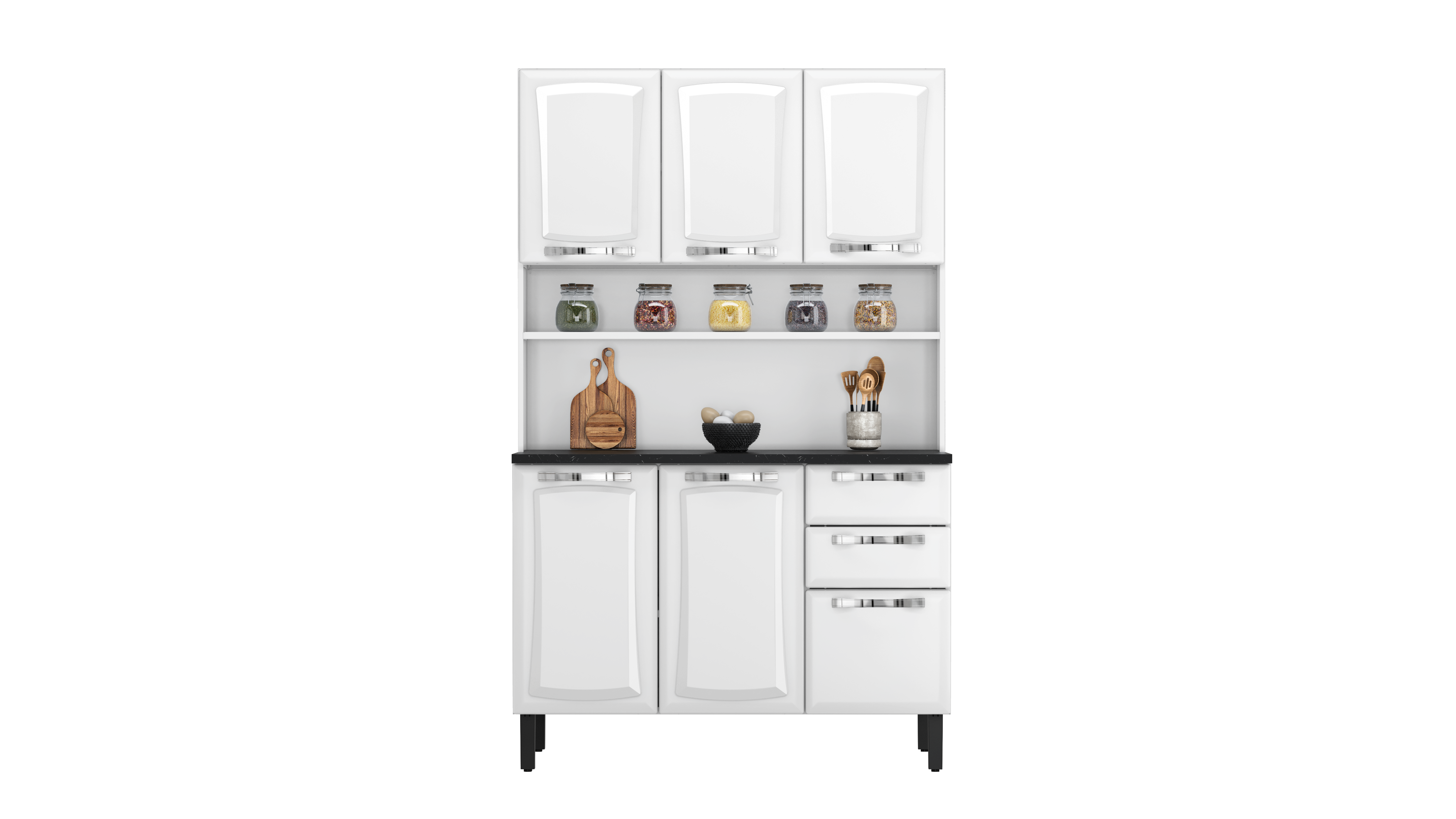 Free Standing Steel Kitchen Cabinet/Cupboard with Countertop Storage - Pratika White Flatpack DIY 9
