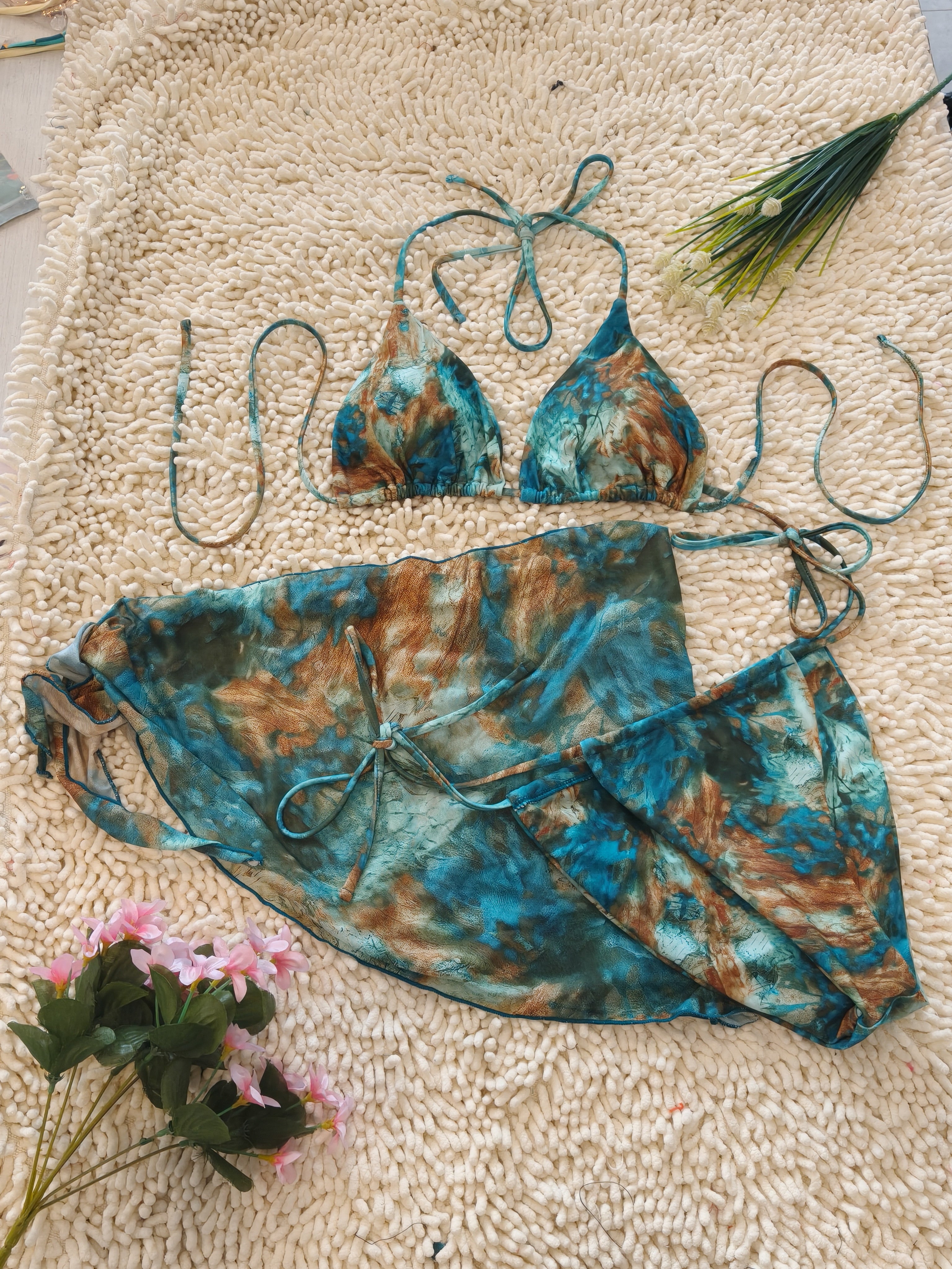 Triangle Brazilian Printed Vacation Style Swimsuit Textured 3 Piece Bikini Size L 4