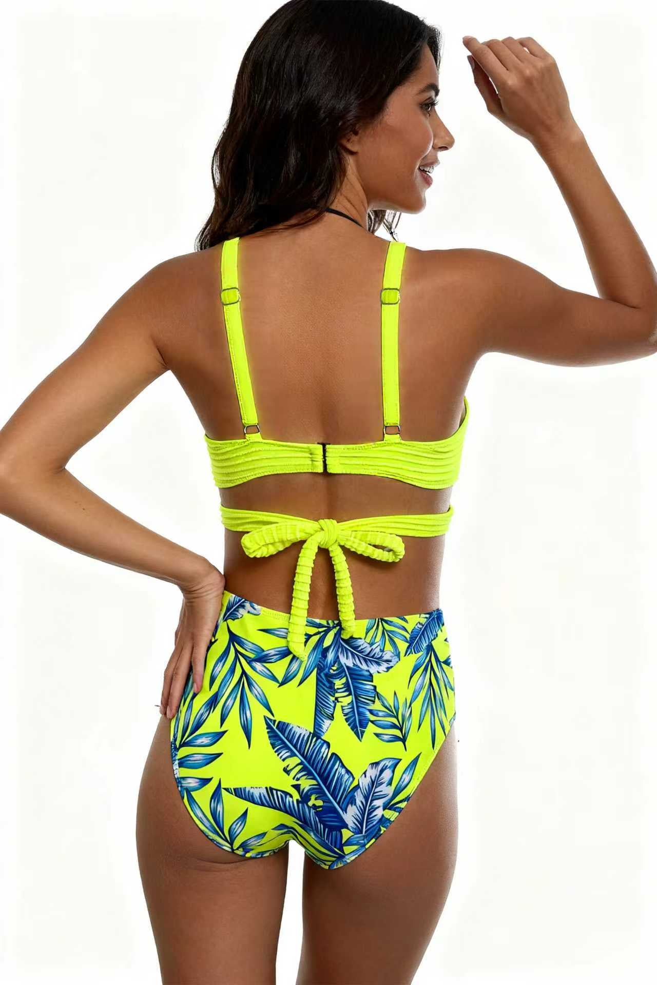 Fluorescent Yellow Crossover Design Bikini Palm Leaf Print Swimwear Size M