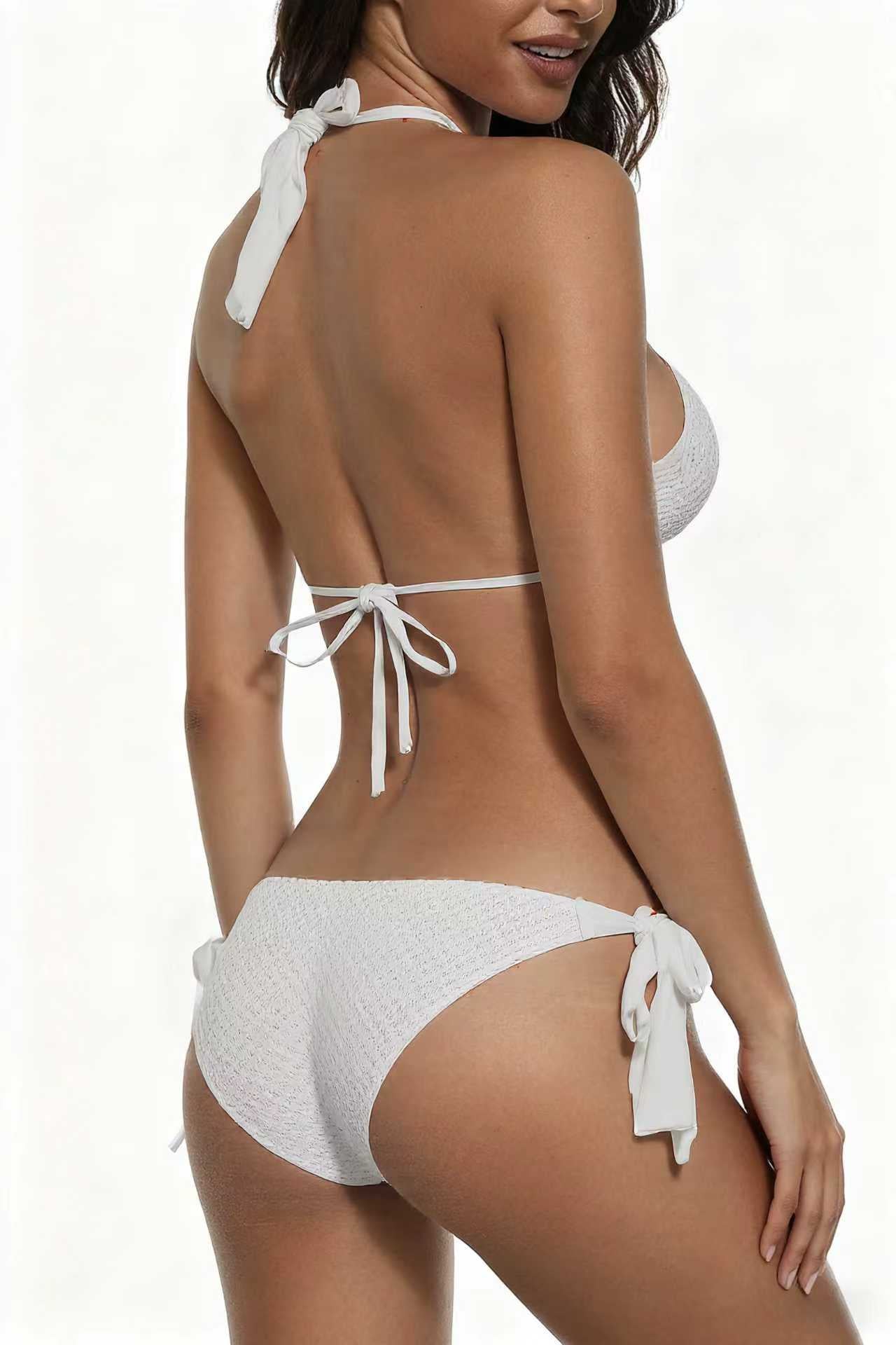 Three-Dimensional Pattern Fabric Bikini White Simple Metal Chain Swimsuit Sexy Deep V Tie Swimwear Size L 3