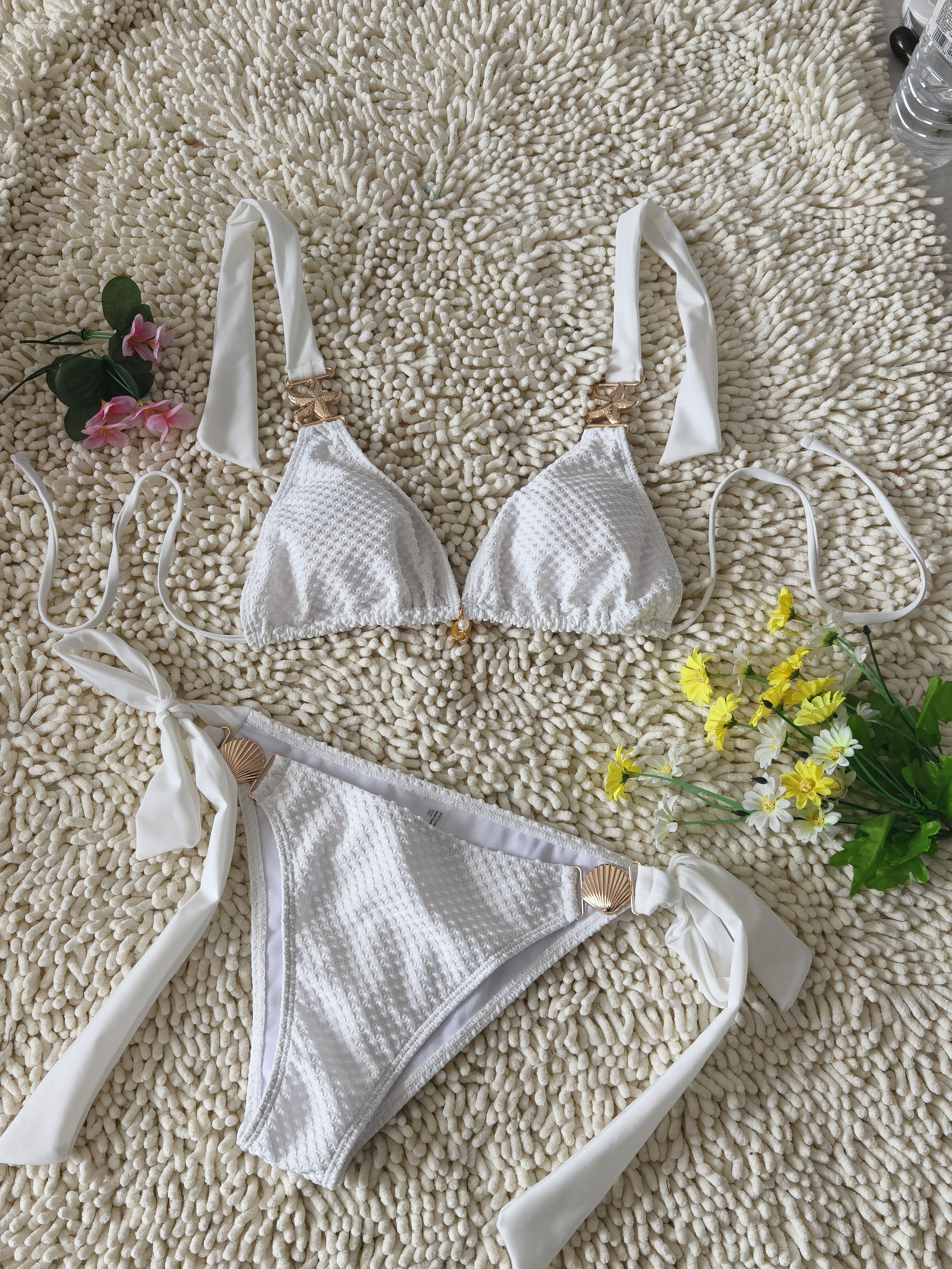Three-Dimensional Pattern Fabric Bikini White Simple Metal Chain Swimsuit Sexy Deep V Tie Swimwear Size M 4