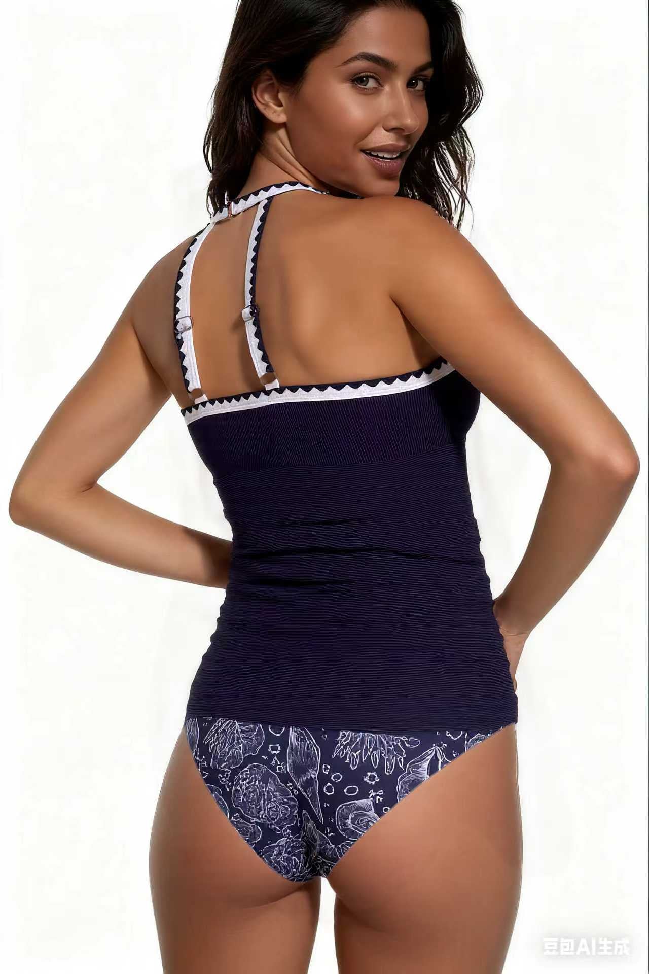 Spot Eco-friendly Fabric Navy Round Neck Swimsuit Sexy Tankini Size M 3