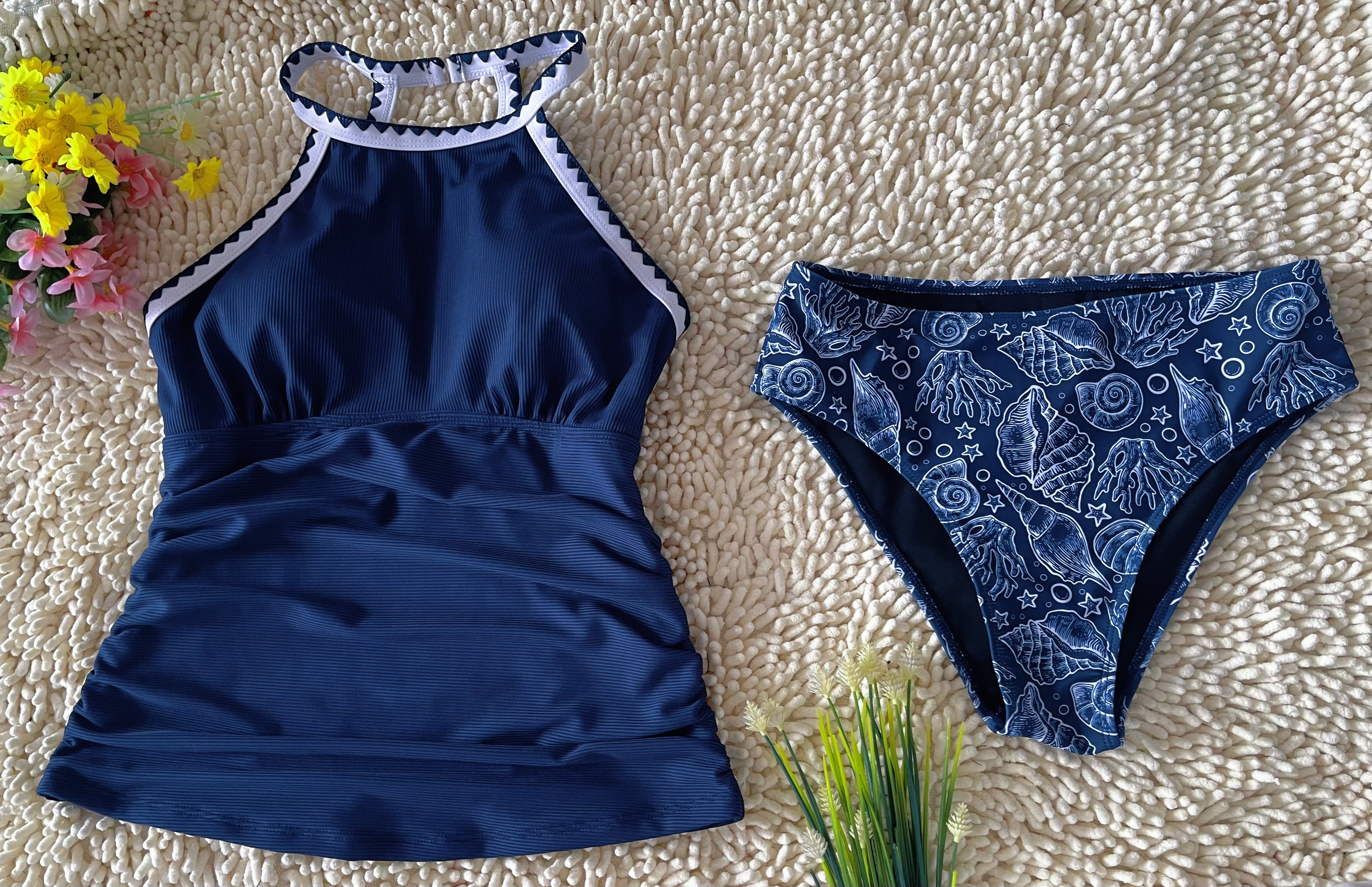 Spot Eco-friendly Fabric Navy Round Neck Swimsuit Sexy Tankini Size M 4