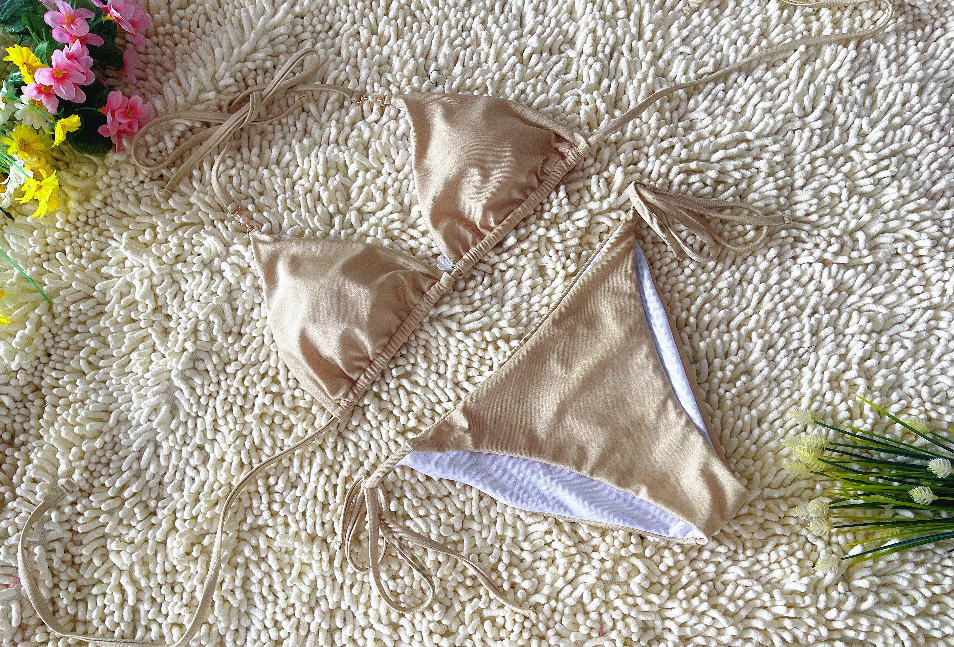 Beige Three Point Tie Bikini Simple Sexy Seashell Embellished Swimsuit Size S 3