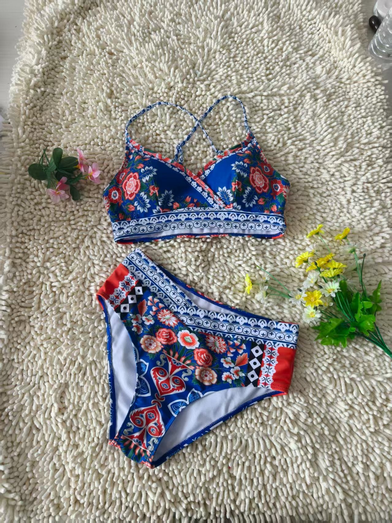 Crossover Design Backless Underwear Comfort Swimwear Printed Deep V Bikini Size M 3