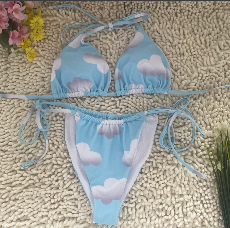 White Clouds Cute Bikini Sky Blue Deep V Tie Swimsuit Size S 3