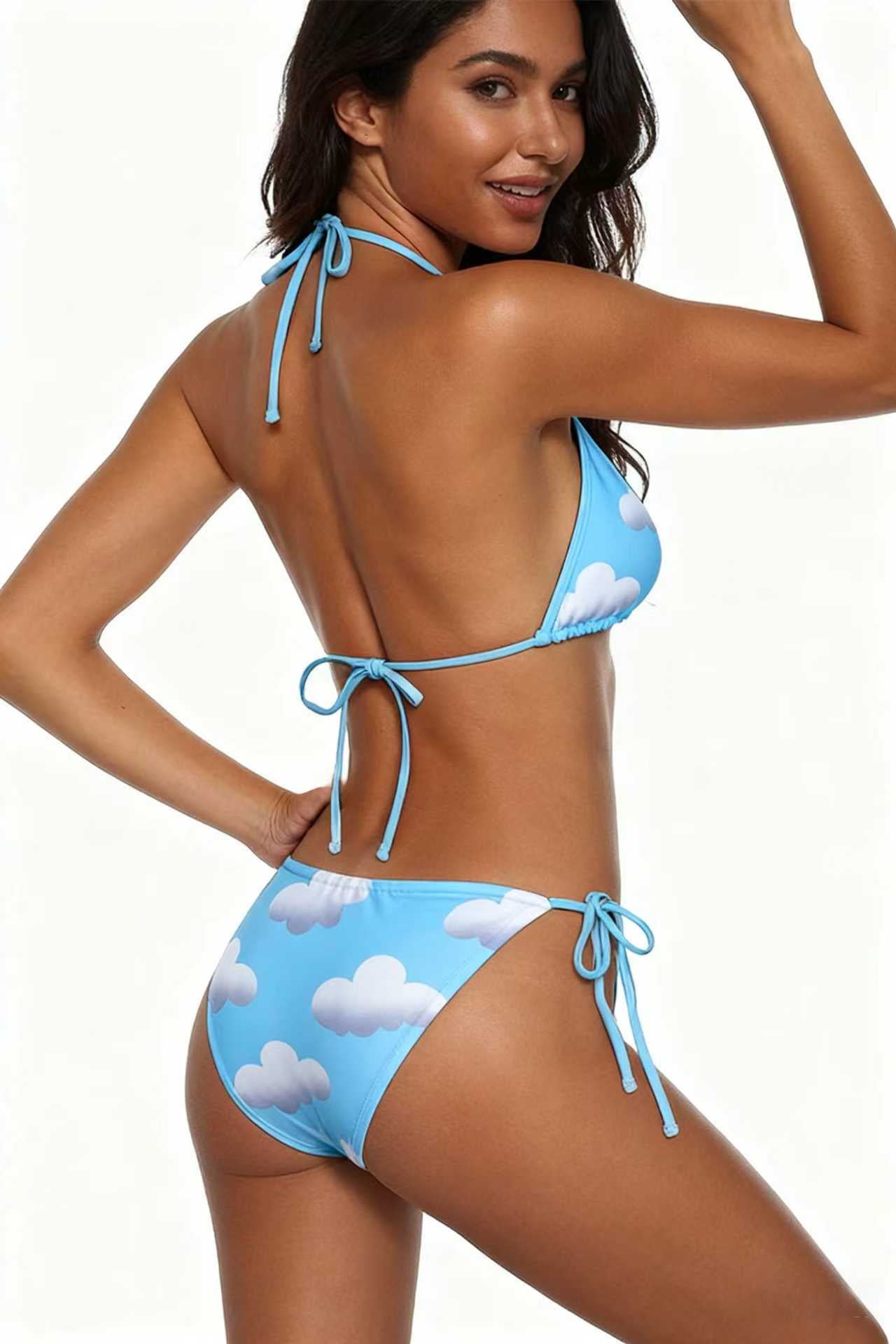 White Clouds Cute Bikini Sky Blue Deep V Tie Swimsuit Size L