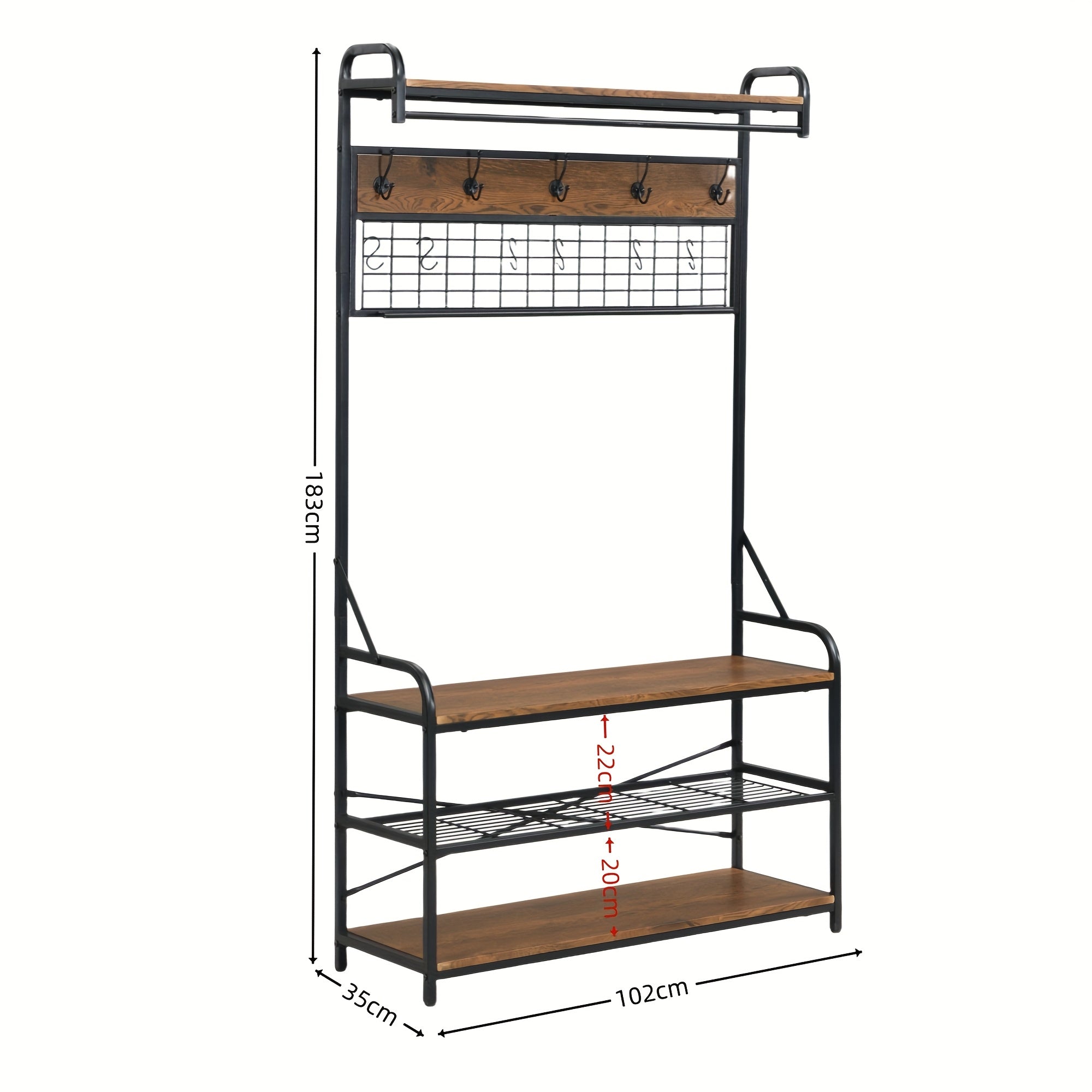 5-in-1 Entryway Hall Tree and 3 Tier Storage Bench, Pipe Style Coat Rack with 9 Hooks, Rustic Brown 3