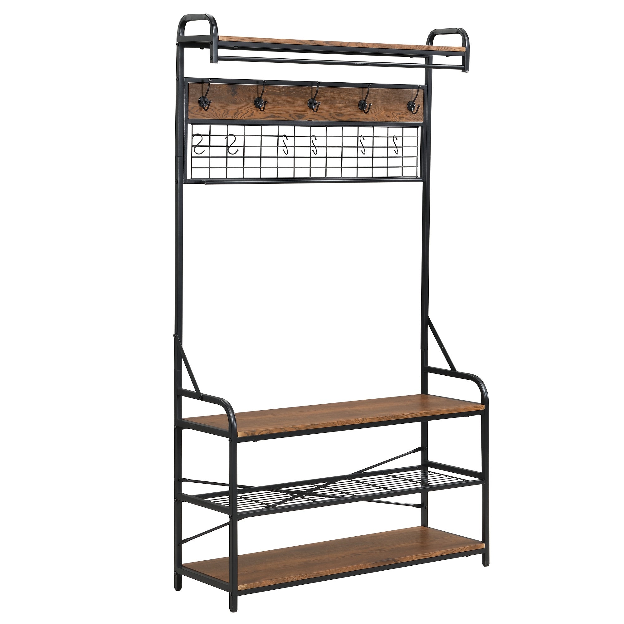 5-in-1 Entryway Hall Tree and 3 Tier Storage Bench, Pipe Style Coat Rack with 9 Hooks, Rustic Brown 4