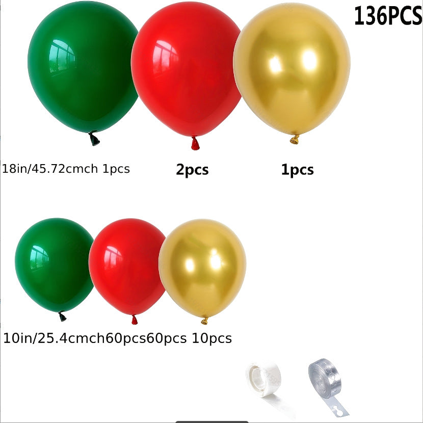 136PCS Christmas Balloon Set – Red Green Gold Latex & Foil Balloons