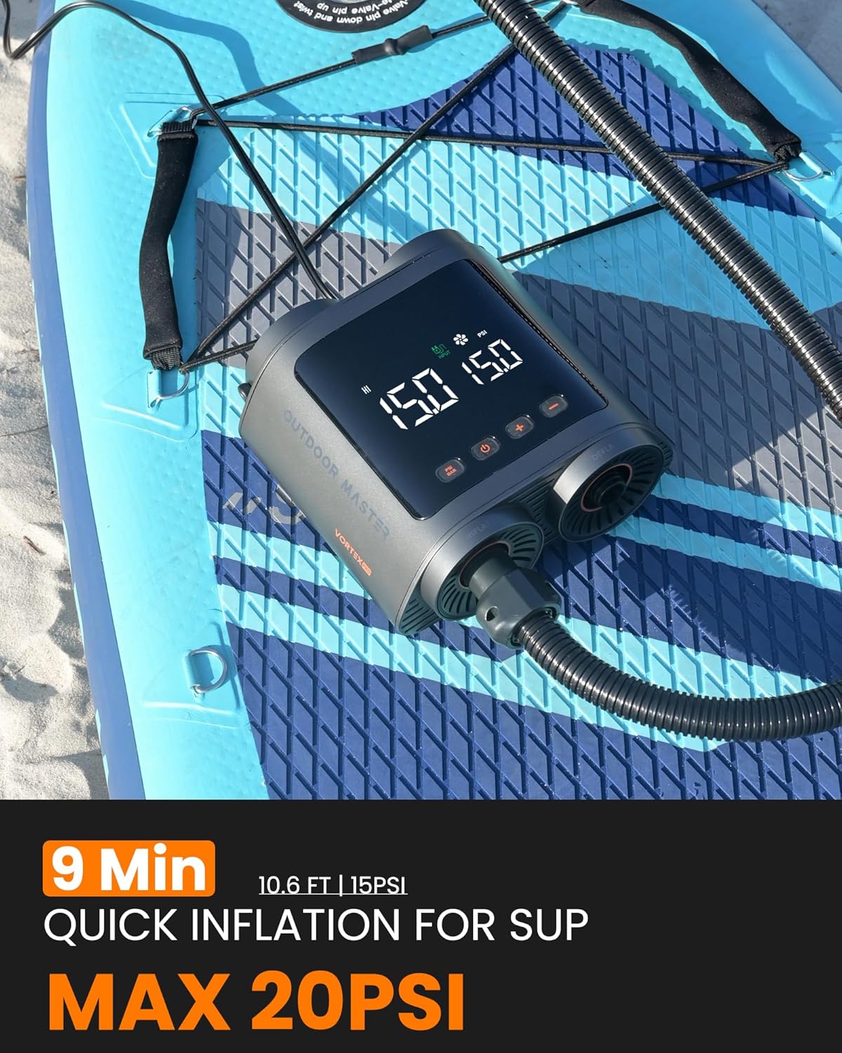 OutdoorMaster Vortex Paddle Board Pump Electric Portable, Max 20PSI SUP Air Pump Inflator & Deflator, 12V/15.8V DC Input, Auto Off & Cooling, 8 Nozzles Pump for Paddle Board, Inflatables - No Battery