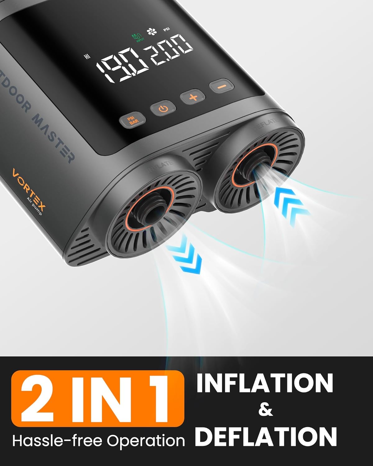 OutdoorMaster Vortex Paddle Board Pump Electric Portable, Max 20PSI SUP Air Pump Inflator & Deflator, 12V/15.8V DC Input, Auto Off & Cooling, 8 Nozzles Pump for Paddle Board, Inflatables - No Battery 3