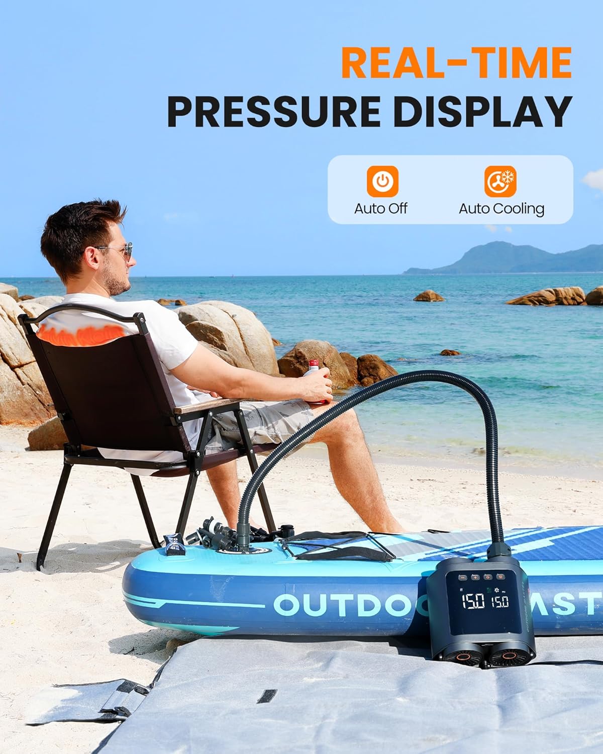 OutdoorMaster Vortex Paddle Board Pump Electric Portable, Max 20PSI SUP Air Pump Inflator & Deflator, 12V/15.8V DC Input, Auto Off & Cooling, 8 Nozzles Pump for Paddle Board, Inflatables - No Battery 4