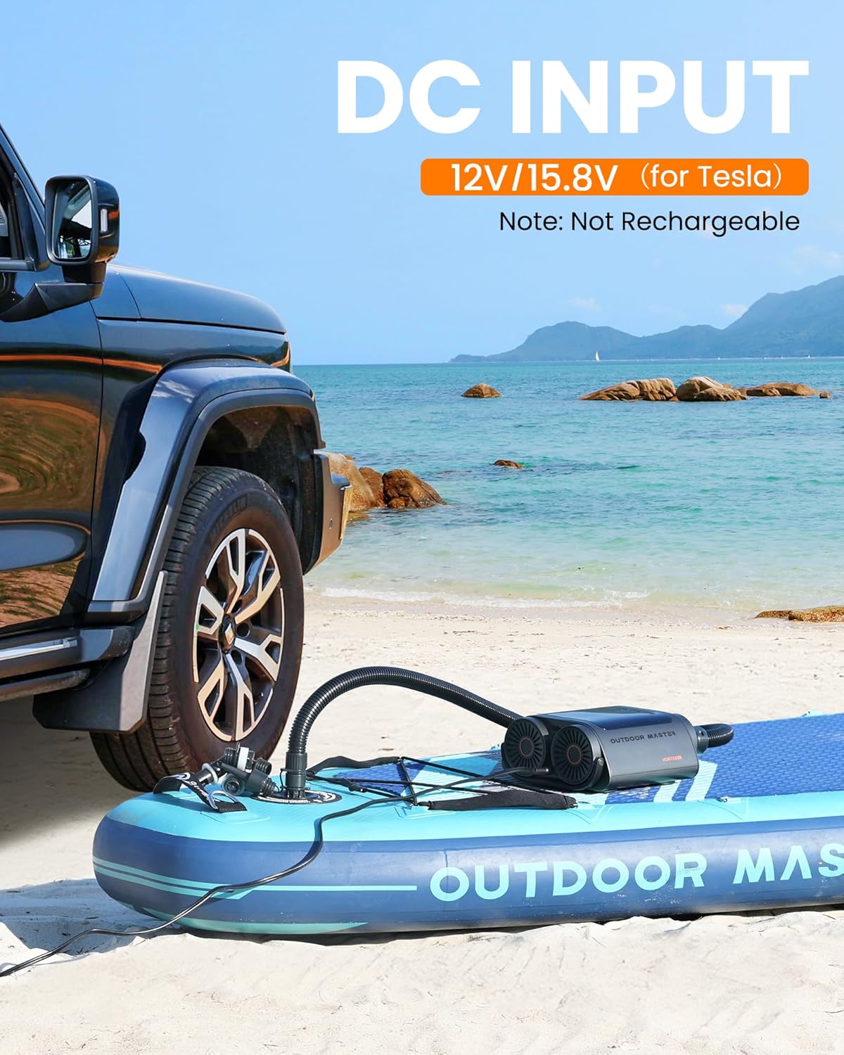 OutdoorMaster Vortex Paddle Board Pump Electric Portable, Max 20PSI SUP Air Pump Inflator & Deflator, 12V/15.8V DC Input, Auto Off & Cooling, 8 Nozzles Pump for Paddle Board, Inflatables - No Battery 7