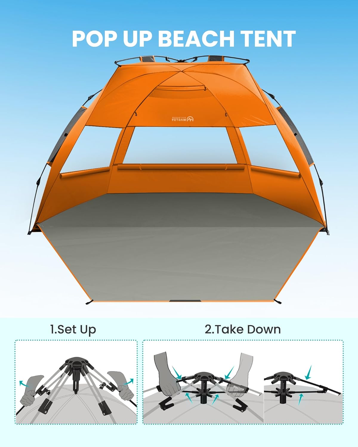 OutdoorMaster Pop Up 3-4 Person Beach Tent X-Large - Easy Setup, Portable Beach Shade Canopy Folding Sun Shelter with UPF 50+ UV Protection Removable Skylight Family Size (Orange) 3