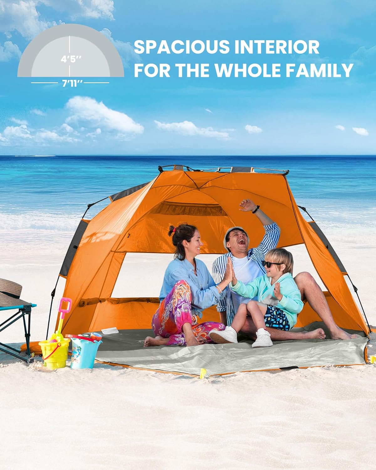 OutdoorMaster Pop Up 3-4 Person Beach Tent X-Large - Easy Setup, Portable Beach Shade Canopy Folding Sun Shelter with UPF 50+ UV Protection Removable Skylight Family Size (Orange) 4