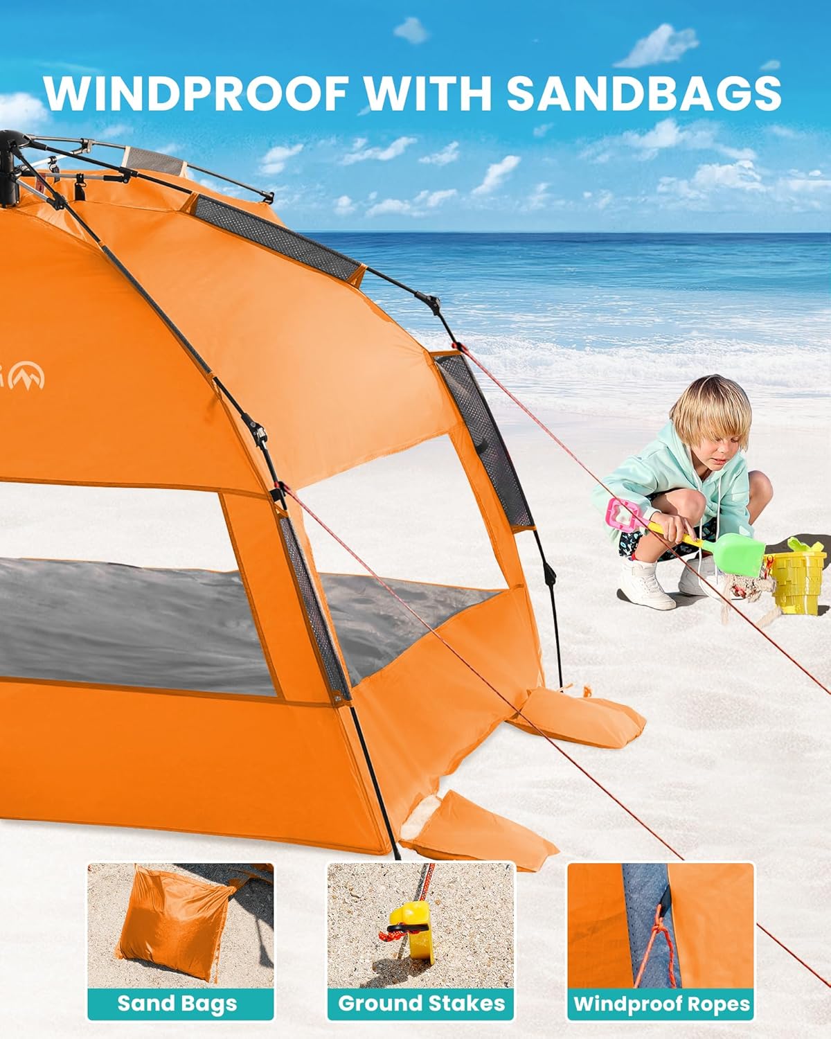 OutdoorMaster Pop Up 3-4 Person Beach Tent X-Large - Easy Setup, Portable Beach Shade Canopy Folding Sun Shelter with UPF 50+ UV Protection Removable Skylight Family Size (Orange) 7