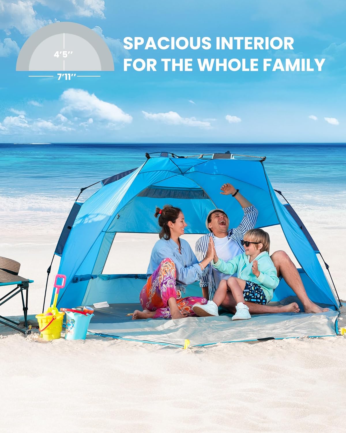 OutdoorMaster Pop Up 3-4 Person Beach Tent X-Large - Easy Setup, Portable Beach Shade Canopy Folding Sun Shelter with UPF 50+ UV Protection Removable Skylight Family Size (Blue) 3