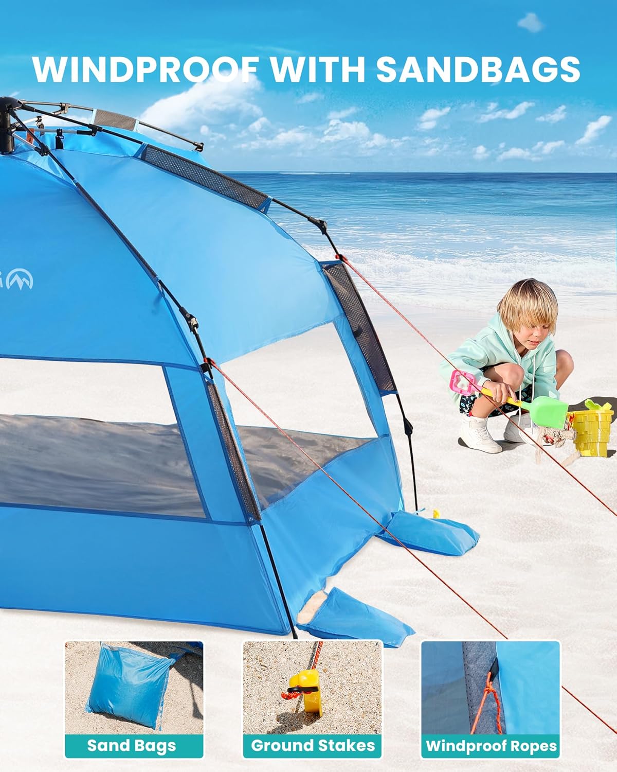 OutdoorMaster Pop Up 3-4 Person Beach Tent X-Large - Easy Setup, Portable Beach Shade Canopy Folding Sun Shelter with UPF 50+ UV Protection Removable Skylight Family Size (Blue) 6