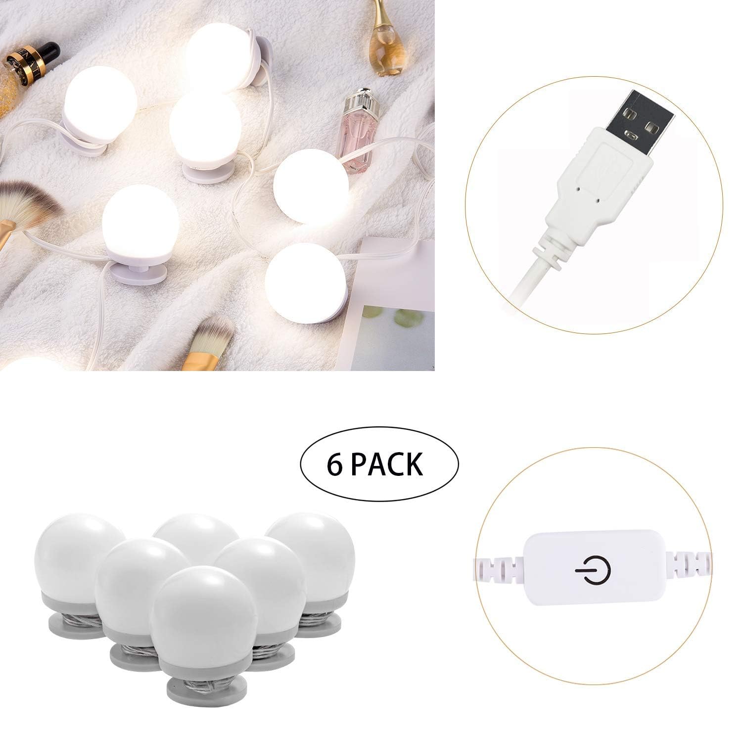 Dimmable Hollywood Style Lighted Vanity Makeup Mirror, LED Vanity Mirror Lights Kit with USB Port for Dressing Table, Mirror Not Included (4000K Natural White 6 Bulbs 5V USB) 3