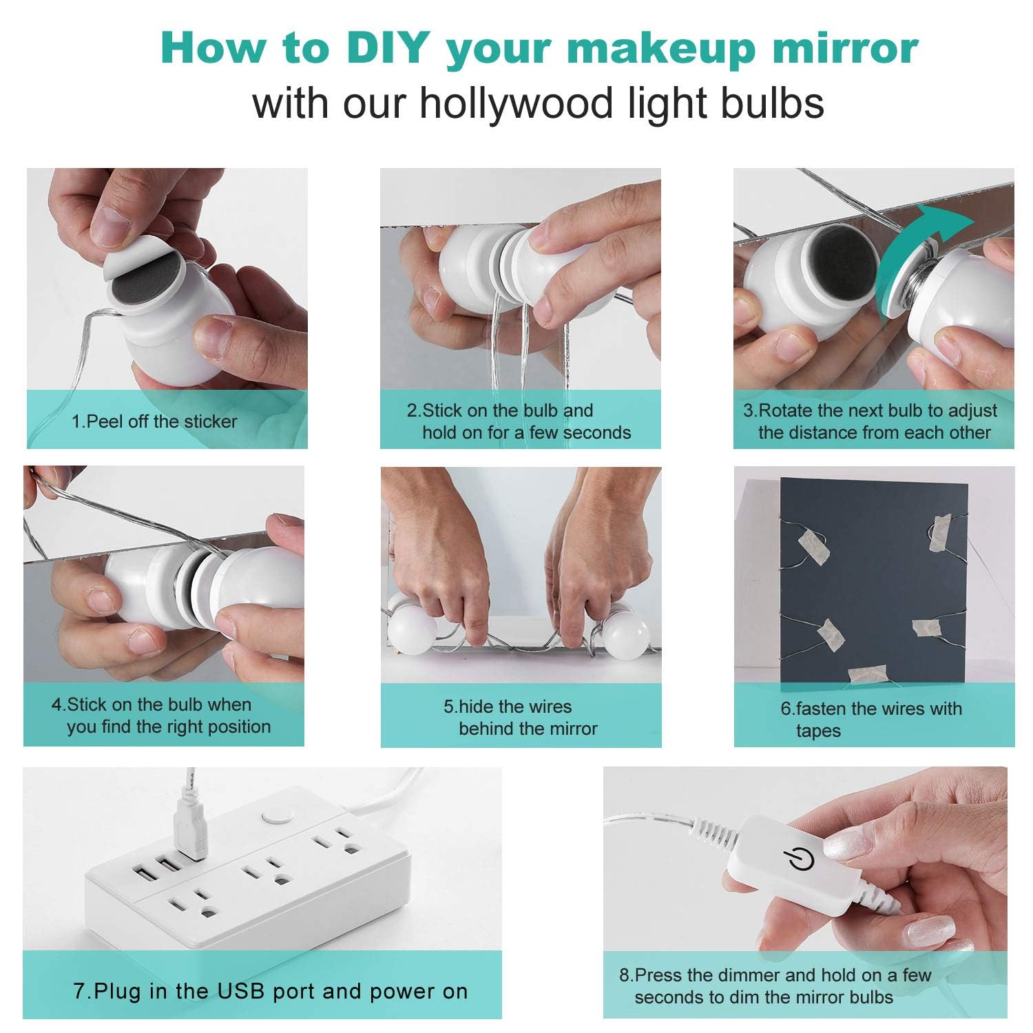 Dimmable Hollywood Style Lighted Vanity Makeup Mirror, LED Vanity Mirror Lights Kit with USB Port for Dressing Table, Mirror Not Included (4000K Natural White 6 Bulbs 5V USB) 4