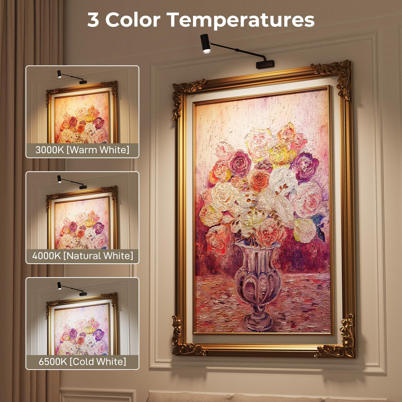 Rechargeable Picture Light with Remote Control, Adjustable Wall Sconce, 4000mAh Battery, Dimmable LED Art Light for Gallery, Bedroom & Bathroom 3