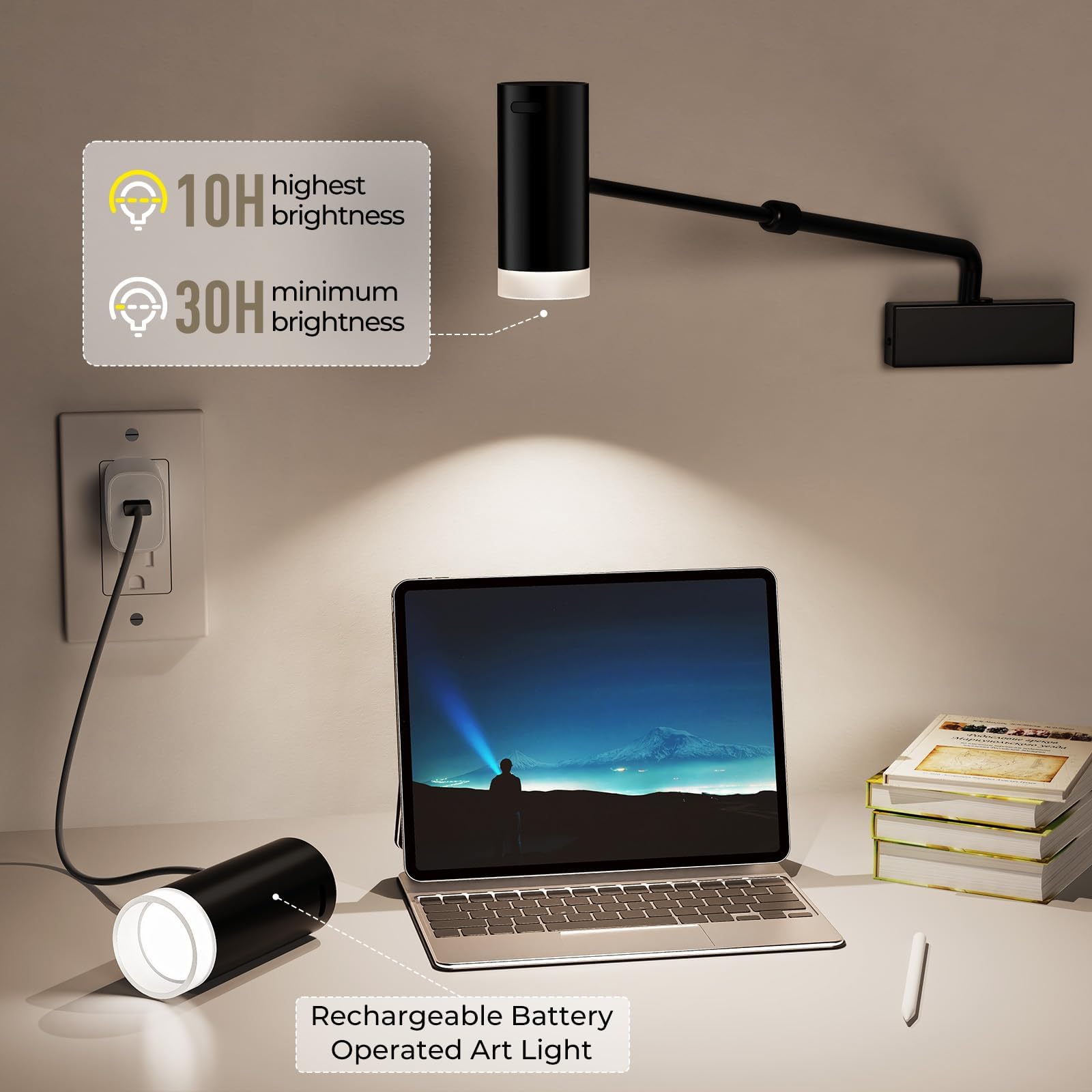 Rechargeable Picture Light with Remote Control, Adjustable Wall Sconce, 4000mAh Battery, Dimmable LED Art Light for Gallery, Bedroom & Bathroom 6