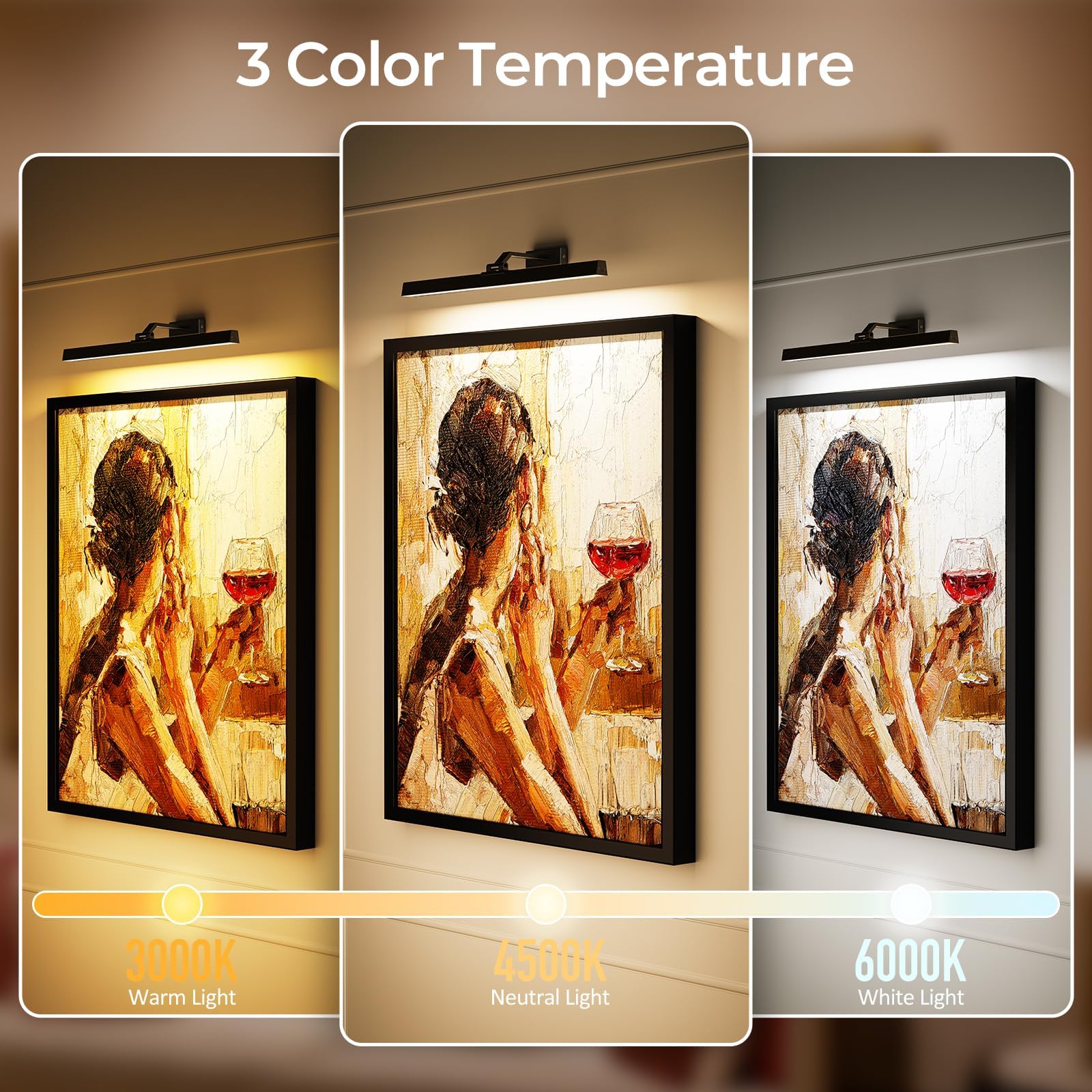 Wall Picture Light, 24in Battery-Powered Gallery Light for Artwork, CCT Dimmable Rechargeable Battery Wall Lamp with Remote Control for Living Room, Gallery, and Dartboard (Black)