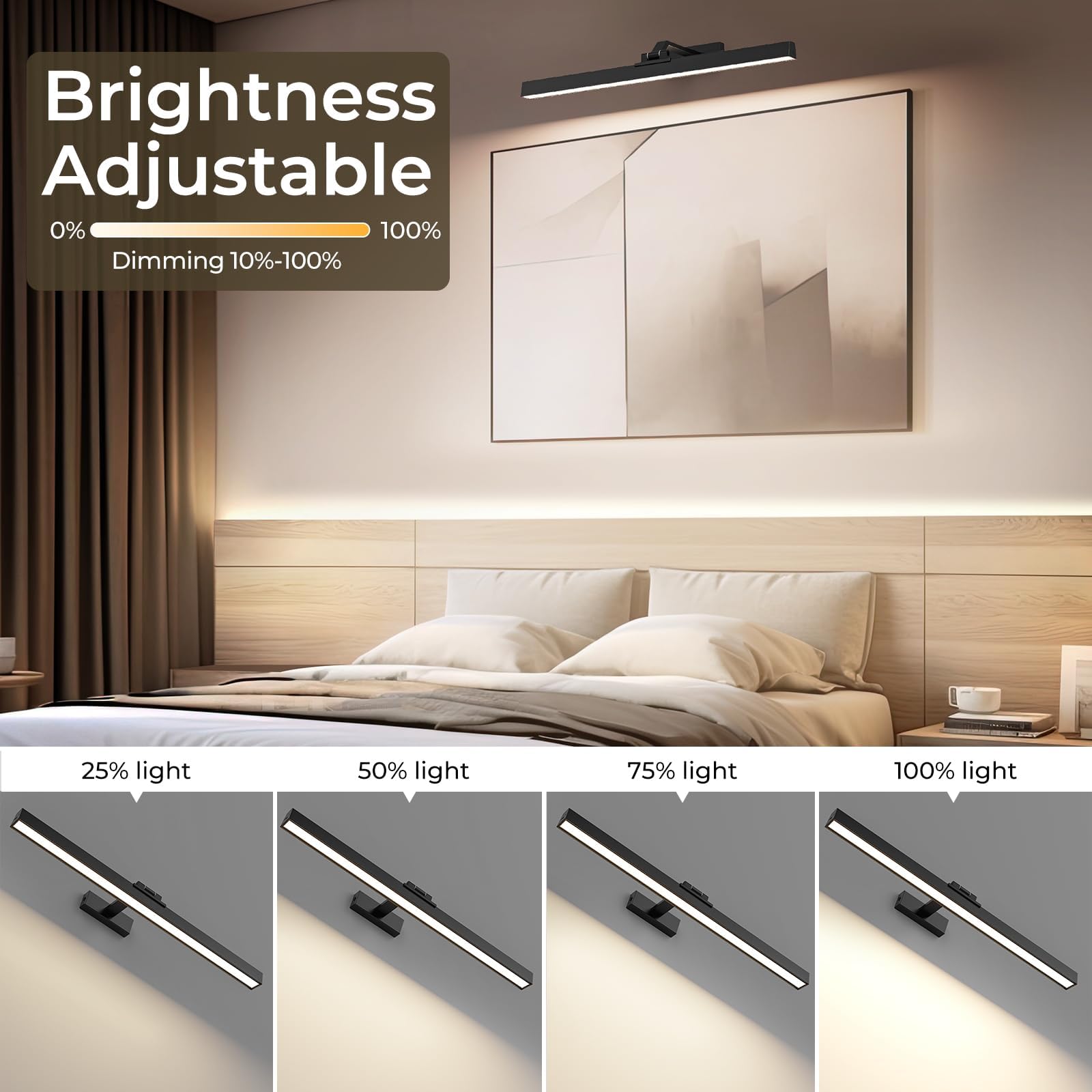 Wall Picture Light, 24in Battery-Powered Gallery Light for Artwork, CCT Dimmable Rechargeable Battery Wall Lamp with Remote Control for Living Room, Gallery, and Dartboard (Black) 3