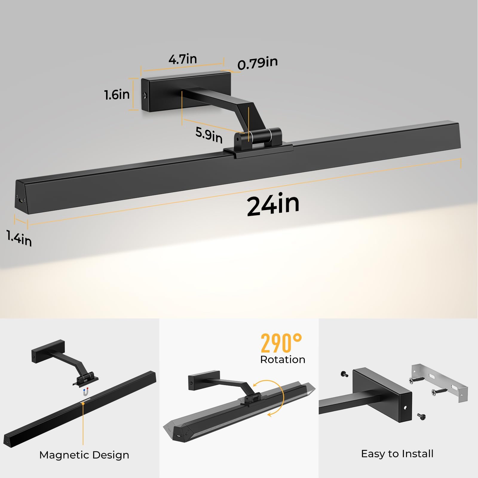 Wall Picture Light, 24in Battery-Powered Gallery Light for Artwork, CCT Dimmable Rechargeable Battery Wall Lamp with Remote Control for Living Room, Gallery, and Dartboard (Black) 8